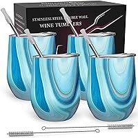 CHILLOUT LIFE Stainless Steel Wine Tumblers 4 Pack 12 oz - Double Wall Vacuum Insulated Wine Cups with Lids and Straws Set for Coffee, Wine, Cocktails - Ocean Marble