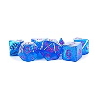 Metallic Dice Games Stardust Blue Resin Dice with Purple Numbers 16mm (5/8in) 7-Dice Set