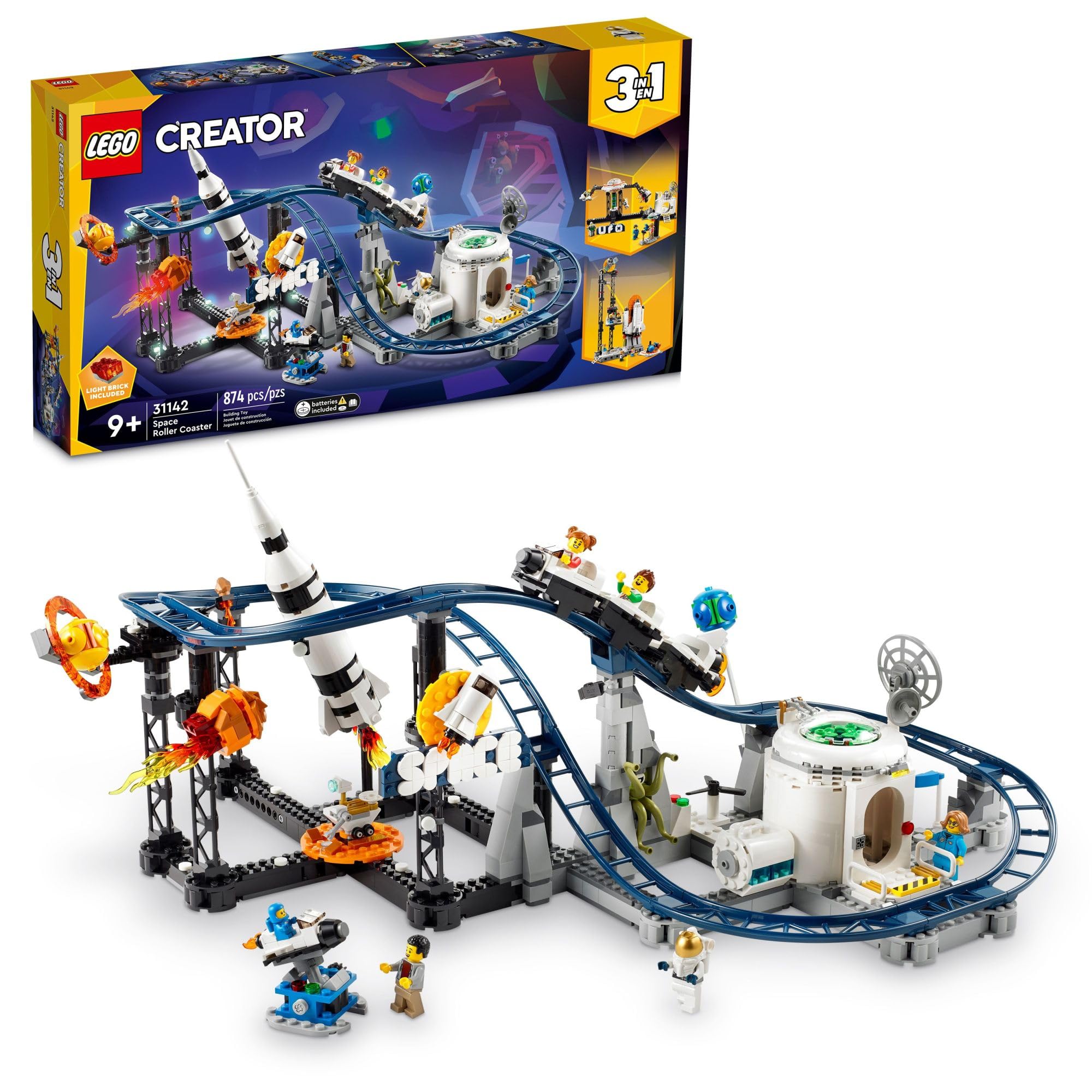 LEGO Creator Space Roller Coaster 31142 3 in 1 Building Toy Set Featuring a Roller Coaster, Drop Tower, Carousel and 5 Minifigures, Rebuildable Amusement Park for Kids Ages 9+