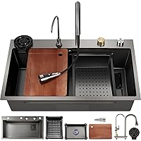 Waterfall Kitchen Sink, Drop In Kitchen Sink Single Bowl, Gray 304 Stainless Steel Kitchen Sink Workstation with Pull-Out Faucet and Multiple Accessories Gray (31.49×17.77×8.66 inch)