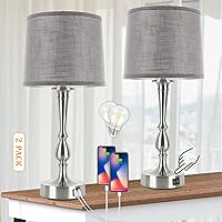 Dott Arts 24.8'' Table Lamps for Bedroom Set of 2, Modern Bedside Lamps with Dual USB Charging Ports, 3 Way Dimmable Touch Control Nightstand Lamp Nickel Finish Large Table Lamps for Living Room(Gray)