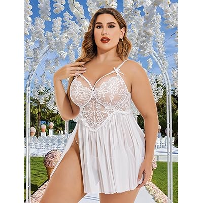 Avidlove Plus Size Lingerie Lace Babydoll Womens Strap Chemise Nightgown V  Neck Nighty Mesh Sleepwear Side Slit Nightdress