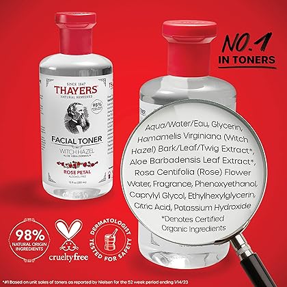 Thayers Alcohol-Free, Hydrating Rose Petal Witch Hazel Facial Toner with Aloe Vera Formula, Vegan, Dermatologist Tested and Recommended, 12 Ounce