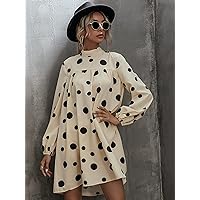 Fall Dresses for Women 2022 Polka Dot Tie Back Bishop Sleeve Babydoll Dress (Color : Apricot, Size : X-Large)