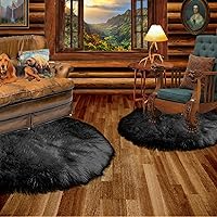 Brand, Faux Fur Sheepskin Accent Throw Rug, Round Throw Carpet, Black, 3' Diameter