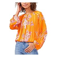 Vince Camuto Womens Orange Sheer Unlined Keyhole Front Curved Hem Floral Long Sleeve Crew Neck Peasant Top XS