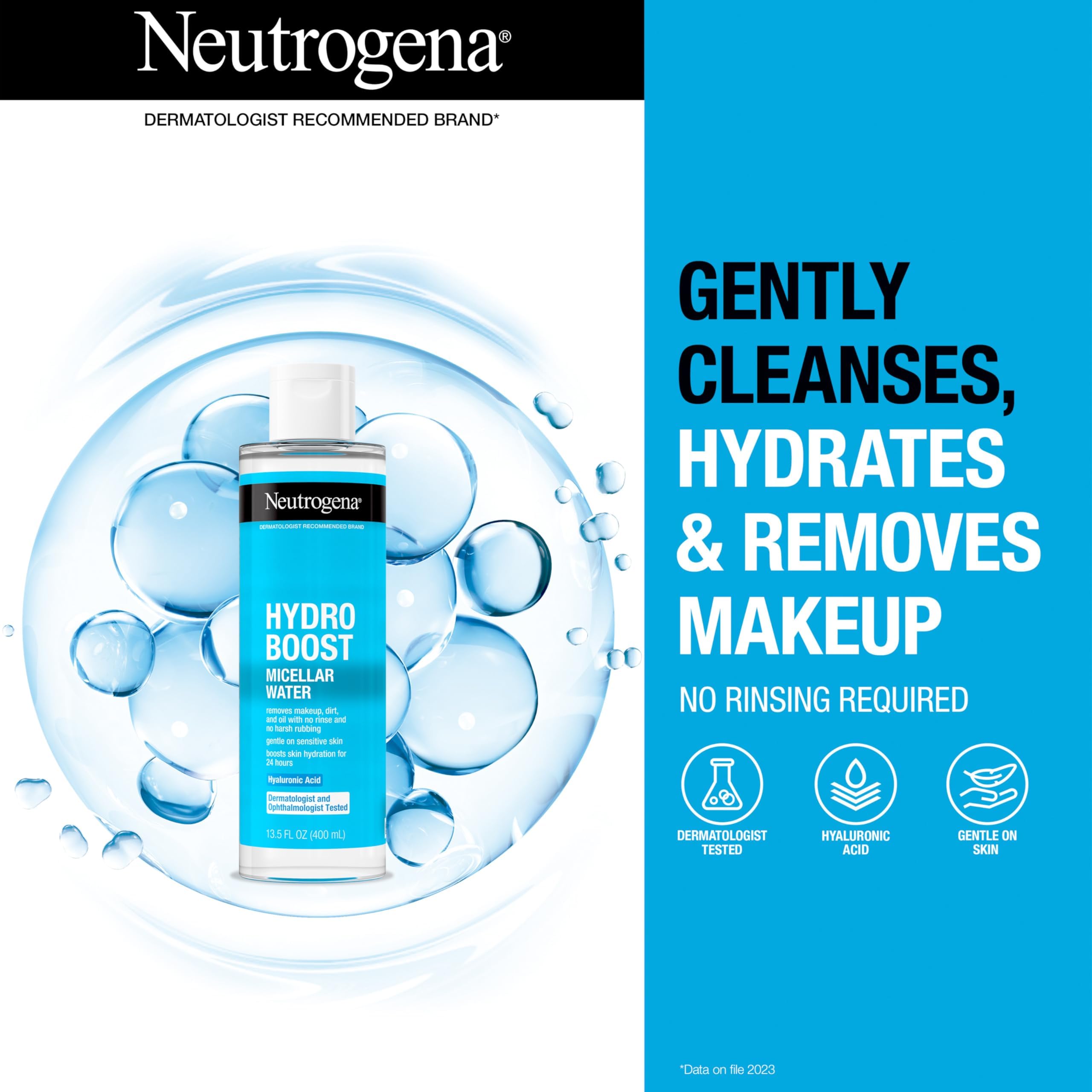 Neutrogena Hydro Boost Micellar Water with Hydrating Hyaluronic Acid, Micellar Cleansing Water for Sensitive Skin Removes Makeup, Dirt & Oil, Non-Comedogenic & Alcohol-Free, 13.5 fl. Oz
