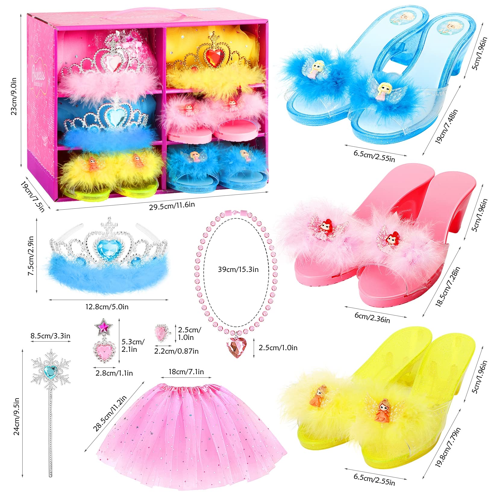 Princess Dress Up Shoes Set Princess Dresses for Girls, Mastom Dress Up Clothes Pretend Play Set with 3 Sets of Princess Shoes and Tutu Skirts Tiaras Earrings Necklace Ring Wand for Girls Age 3,4,5,6