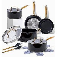 Black and Gold Pots and Pans Set Nonstick - 15PC Luxe Black Pots and Pans Set Non Toxic - Induction Compatible, PFOA Free Black and Gold Cookware Set & Gold Kitchen Utensils - Gold Kitchen Accessories