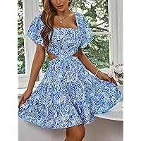 Dresses for Women Women's Dress Floral Print Cut Out Ruffle Hem Dress Dresses (Color : Blue and White, Size : X-Large)
