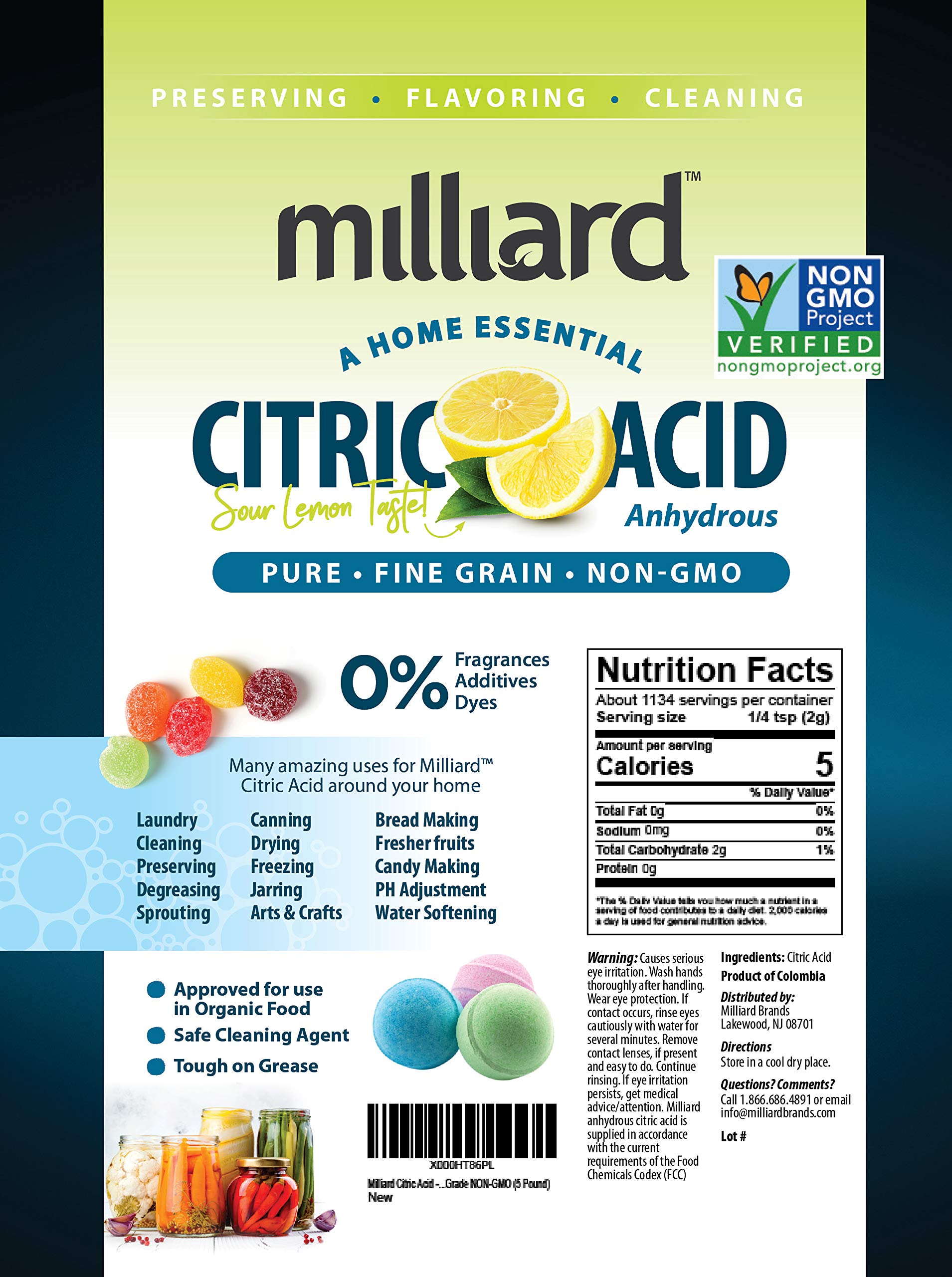 Milliard Citric Acid 5 Pound - 100% Pure Food Grade Non-GMO Project Verified (5 Pound)