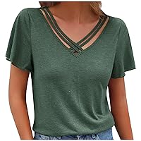 Casual Tops for Women Loose Fit Ruffle Short Sleeve V Neck Criss Cross T Shirts Summer Pullover Tunic Tee Shirts Blouse