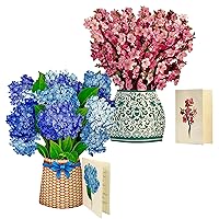 Freshcut Paper Pop Up Cards, Cherry Blossoms + Hydrangea, Set of Two 12 Inch Life Sized Forever Flower Pop Up Bouquets 3D Popup Greeting Cards with Note Cards + Envelopes