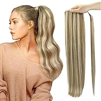 Full Shine Ponytail Hair Extensions Human Hair for Women Long Straight Ponytail Extensions Remy Human Hair Highlighted Ash Brown and Platinum Blonde 80Grams Hair Clip Ponytail Extensions 22Inch