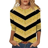 3/4 Length Sleeve Womens Tops Trendy Line Print Shirt Casual Crewneck Blouse Elegant Fall T Shirt Loose Fit