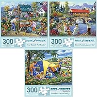 Bits and Pieces - Value Set of Three (3)- 300 pc Summer in The Village, Fishing by A Covered Bridge, Camping Close to Home Jigsaw Puzzle for Adults by Artist Oleg Gavrilov