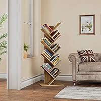 Rolanstar Bookshelf with Drawer, 9-Tier Tree Bookshelf, Wooden Bookshelves  Storage Rack for CDs/Movies/Books, Rustic Brown Bookcase, Utility Organizer