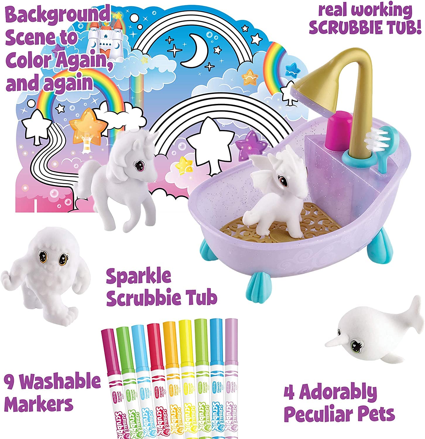 Crayola Scribble Scrubbie Peculiar Pets, Pet Care Toy, Includes Working Tub & Washable Markers, Gifts for Kids, Ages 3+ [Amazon Exclusive]