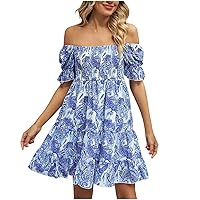 Women's Elastic Square Neck Smocked Ruffle Boho Mini Dress Summer Puff Short Sleeve Casual Flowy A-Line Dresses