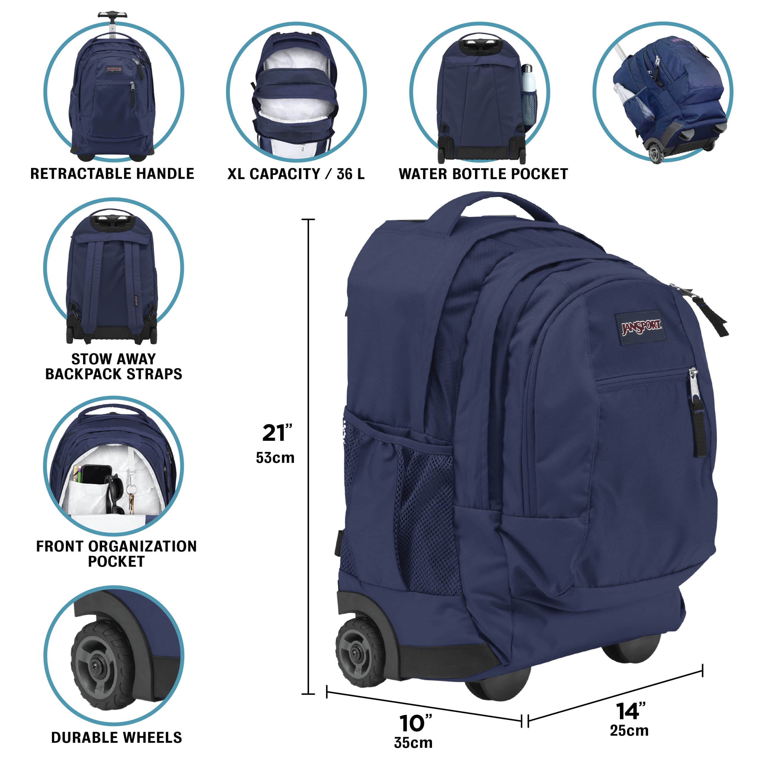 JanSport Driver 8 Rolling Backpack and Computer Bag for College Navy - Durable Laptop Backpack with Wheels, Tuckaway Straps, 15-inch Laptop Sleeve - Premium Bookbag Rucksack