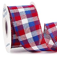 Ribbli Patriotic Red/White/Blue Check Wired Ribbon, 2-1/2 Inch x 10 Yard,4th of July Buffalo Plaid Ribbon,Burlap Ribbon for Big Bow,Wreath,Tree Decoration,Outdoor Decoration