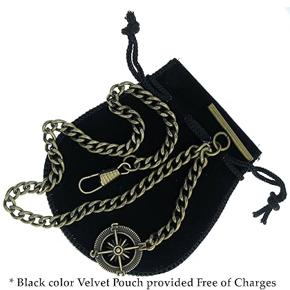 Albert Chain Pocket Watch Chains for Men Antique Brass Plating with Compass Design Medal Fob T Bar AC09