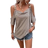 Women's Tops Shirts for Women Allover Print Chain Detail Cold Shoulder Draped Front Blouse Sexy Tops for Women