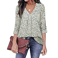 Youtalia Womens 3/4 Cuffed Sleeve Chiffon Printed V Neck Casual Blouse Shirt Tops