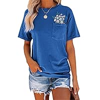 Womens Wildflower Oversized T Shirts Summer Cotton Tops Short Sleeve Crewneck Cute Shirts Graphic Tees with Pocket