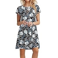 Askyes Womens Summer Dresses 2023 Ruffle Short Sleeve Casual Beach Tshirt Dress Round Neck Loose Swing Sundress with Pockets