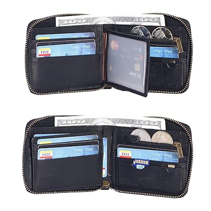 DONWORD RFID Men's Leather Zipper wallet Zip Around Wallet Bifold Multi Card Holder Purse