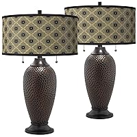 Rustic Flora Zoey Hammered Oil-Rubbed Bronze Table Lamp Set of 2 with Print Shade