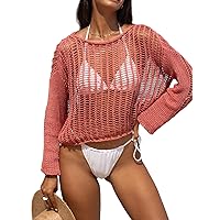 CUPSHE Women's Cutout Crochet Swim Beach Cover Up Long Sleeve Pull Over Tunic Top Beachwear