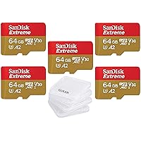SanDisk 64GB Extreme microSDXC 170MB/s UHS-I Memory Card SDSQXAH-064G-GN6MN Bundle with (5) GoRAM Plastic Cases (128GB, 5 Pack)