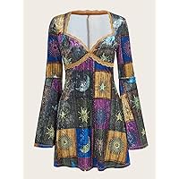 Dresses for Women - Grunge Sun & Moon Print Contrast Lace Flounce Sleeve Dress (Color : Multicolor, Size : Small)