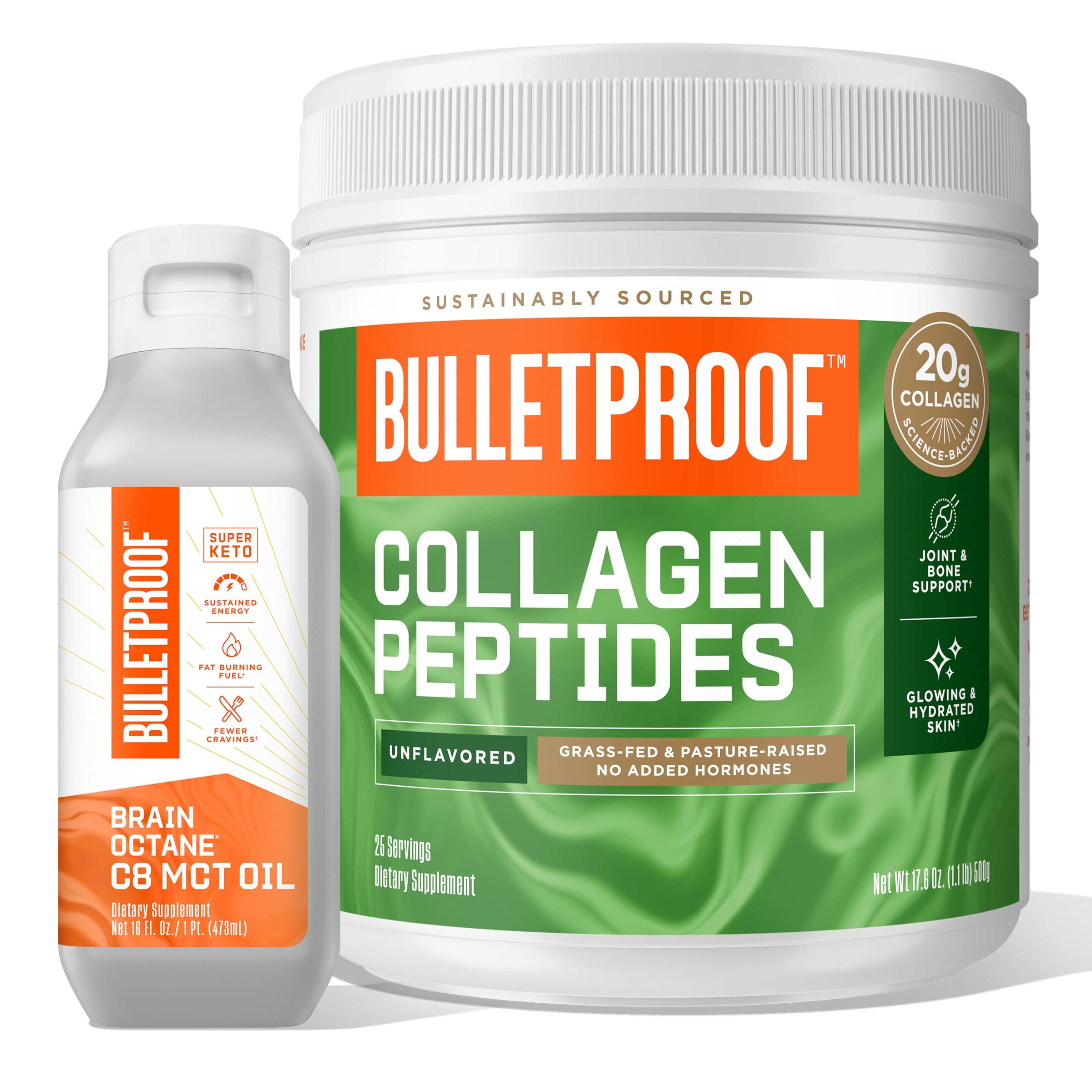 Bulletproof Duo Kit | Collagen Peptides Protein Powder for Skin, Bones and Joints — 18g Protein, 17.6 Oz & Brain Octane C8 MCT Oil for Sustained Energy, Appetite Control, Energy — 14g MCTs, 16 Fl Oz