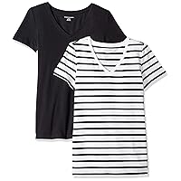 Amazon Essentials Women's Classic-Fit Short-Sleeve V-Neck T-Shirt, Pack of 2, Black/White Stripe, XX-Large