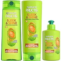 Fructis Sleek & Shine Shampoo, Conditioner + Leave-In Conditioer Set for Frizzy, Dry Hair, Plant Keratin + Argan Oil (3 Items), 1 Kit (Packaging May Vary)
