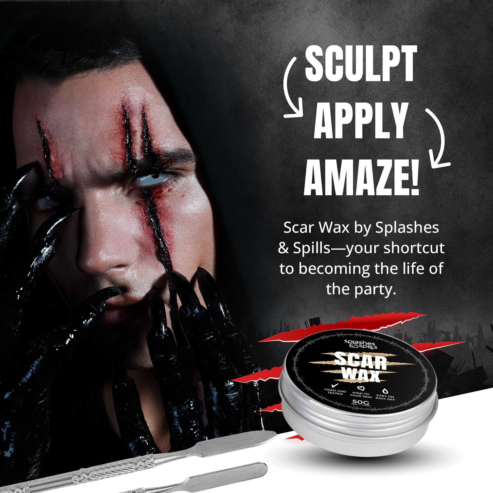 Professional Grade Scar Wax - SFX Makeup Kit for Halloween Prosthetics, Cosplay and Theatre Productions - Cruelty-Free & Vegan-Friendly Fake Scar Special Effects Makeup - 50g - Splashes & Spills