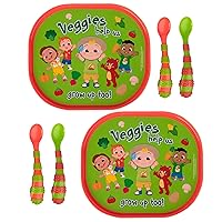 The First Years CoComelon Toddler Dinnerware Set - Plastic Dinnerware Set and Toddler Utensils - 2 Reversible Baby Plates and 4 Textured Baby Spoons