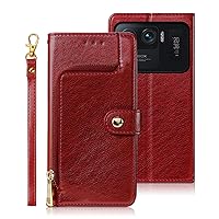 Xiaomi Mi 11 Ultra Case, Compatible for Xiaomi Mi 11 Ultra Phone Cases Wallet Silicone Flip PU Leather Holsters Handbag Cover [Zipper Pocket] Magnetic Closure Holder Wrist Strap,Red