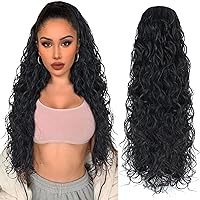 Long Ponytail Extension 26 Inch Curly Wavy ponytail clip in Hair Extensions Synthetic Long Drawstring Ponytail for Black Women(Off Black 6OZ)