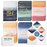 VNS Creations 50 Appreciation Cards with Envelopes & Stickers - Assortment of 4x6 Note Cards - Bulk Set of Gratitude, Encouragement, Motivational, Thank You Cards for Employees, Teacher, Coworker
