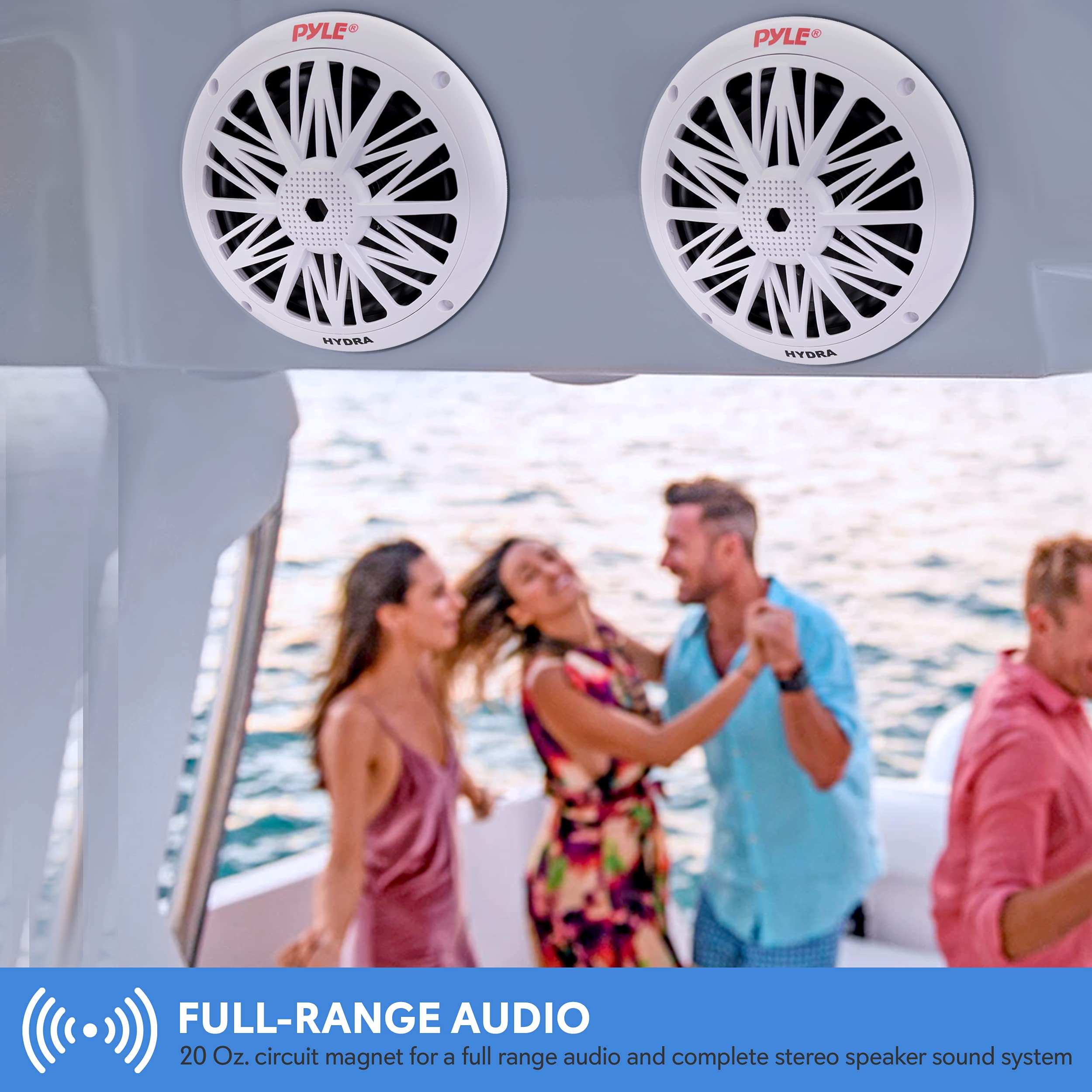 Pyle 6.5 Inch Dual Marine Speakers - 2 Way Waterproof and Weather Resistant Outdoor Audio Stereo Sound System with 200 Watt Power, Poly Carbon Cone and Butyl Rubber Surround - 1 Pair - PLMR62 (White)