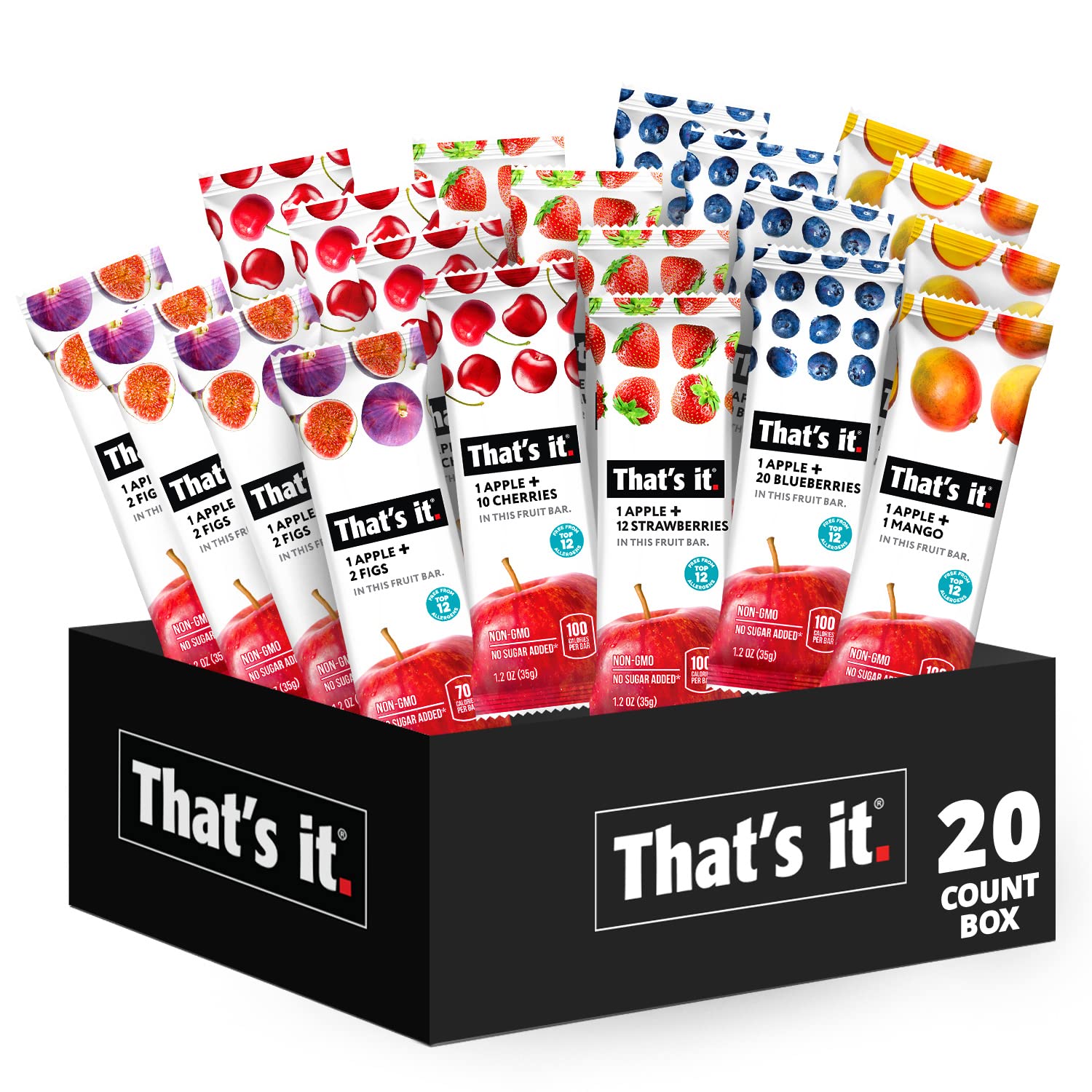 That's it Fruit Bars Snack Gift Box { 20 Pack }100% All Natural, Gluten-Free, Vegan, Low Carb Snacks - Healthy Fruit Snacks Bulk Variety Pack(Strawberry, Mango, Blueberries, Cherries & Fig Bars)