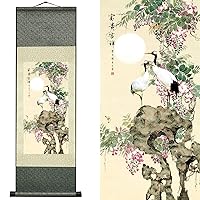 Newscz Asian Wall Art Vertical Mural for Living Room Silk Scroll Painting Art Poster White Crane - Red Crowned Crane Oriental Decor Wall Ready to Hanger Wall Scroll 36 by 12 in