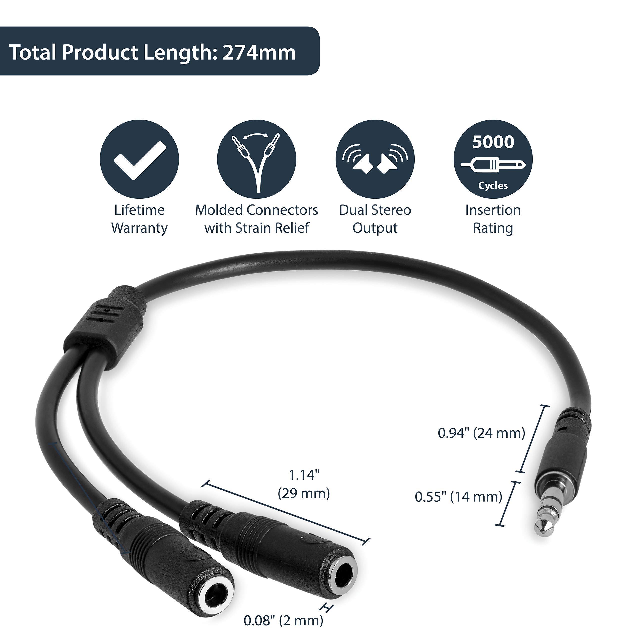 StarTech.com 3.5mm Audio Extension Cable - Slim Audio Splitter Y Cable and Headphone Extender - Male to 2x Female AUX Cable (MUY1MFFS)