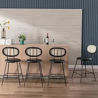 Counter Stools Rattan Back Dining Chair,Indoor Faux Leather Bar Stools Set of 4,Armless Dining Chairs with Rattan Backrest Metal Legs,Modern Counter Height Barstools for Home Restaurant Black,24