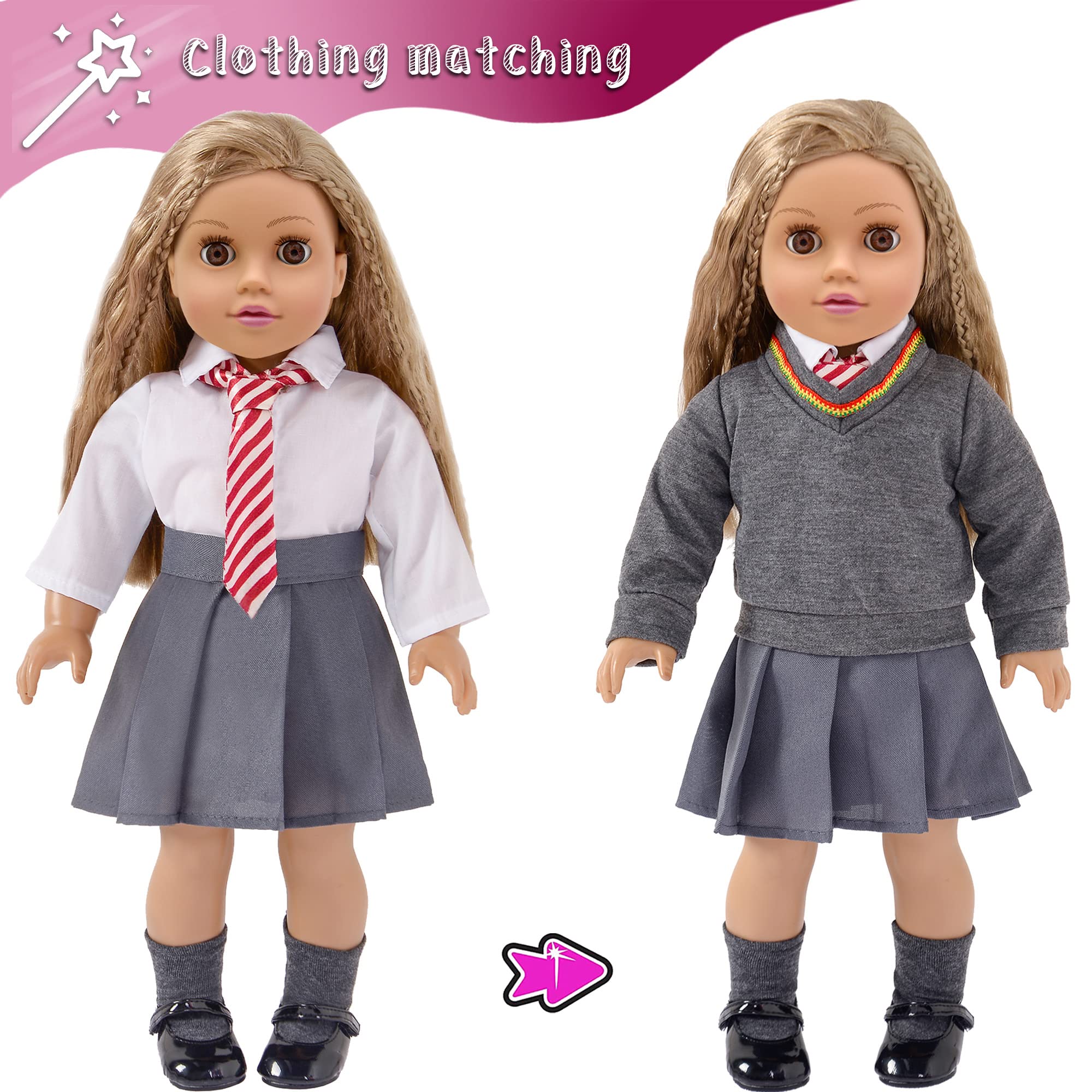 18 inch Dolls Magic School Uniform Inspired Costume Doll Clothes Accessories Set Include Outfit Shoes for Girls Gift (No Doll)