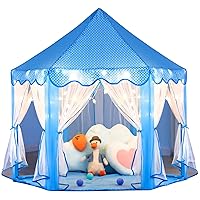 Sumbababy Princess Castle Tent for Girls Fairy Play Tents for Kids Blue Hexagon Playhouse with Fairy Star Lights Toys for Children or Toddlers Indoor or Outdoor Games (Blue Princess Tent)